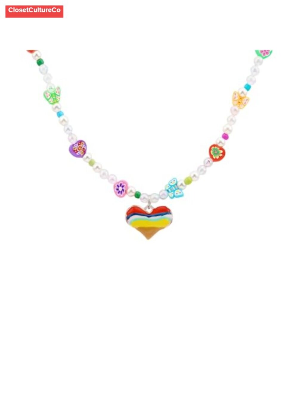 Y2K Rainbow Heart Beaded Necklace Indie Collarbone Chain Hand-Strung Resin